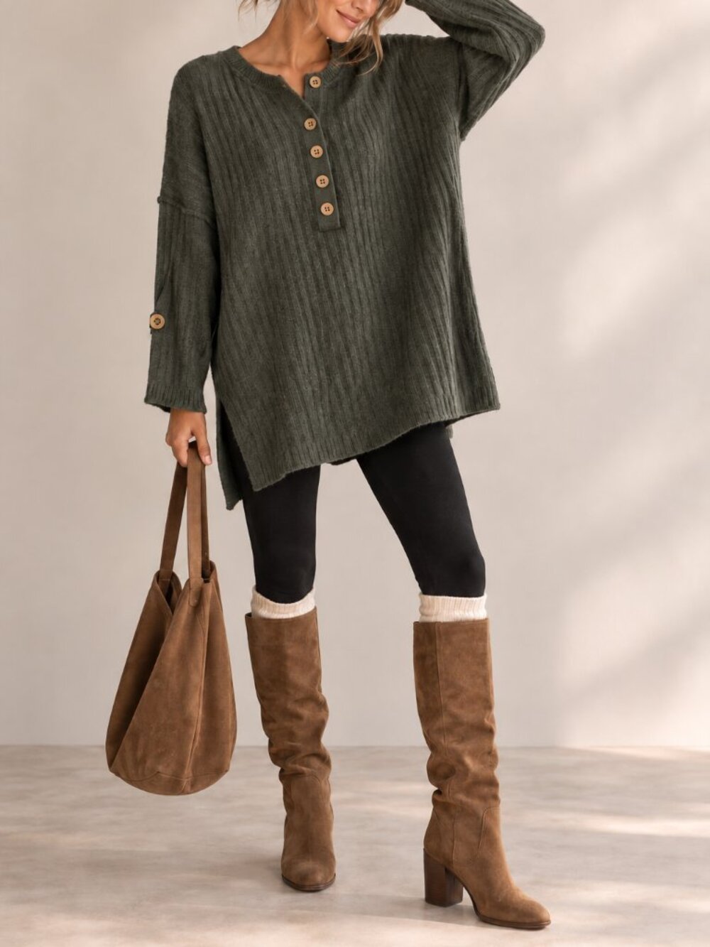 Free People Around the Clock Charcoal Ribbed Henley Tunic Sweater S NWT